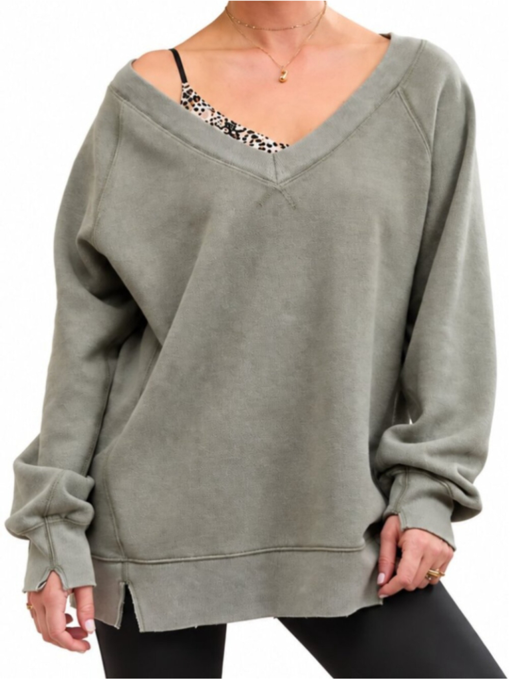 AERIE NWT Downtime Textured V-Neck Oversized Sweatshirt Green XL Off Shoulder